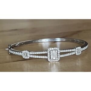 14k White Gold Baguette Cut Diamond Art Deco Bangle Hinge Bracelet 2.0 Carat